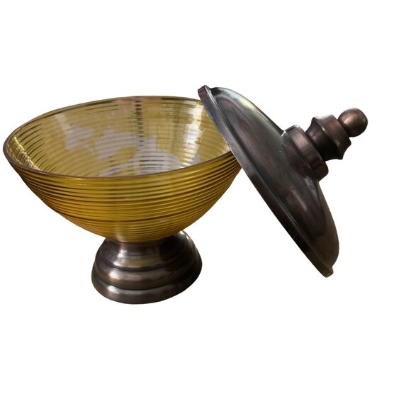 Vintage Mid Century Modern Glass Metal Candy Dish Large 7.5" Diameter Yellow Brn - Picture 3 of 11